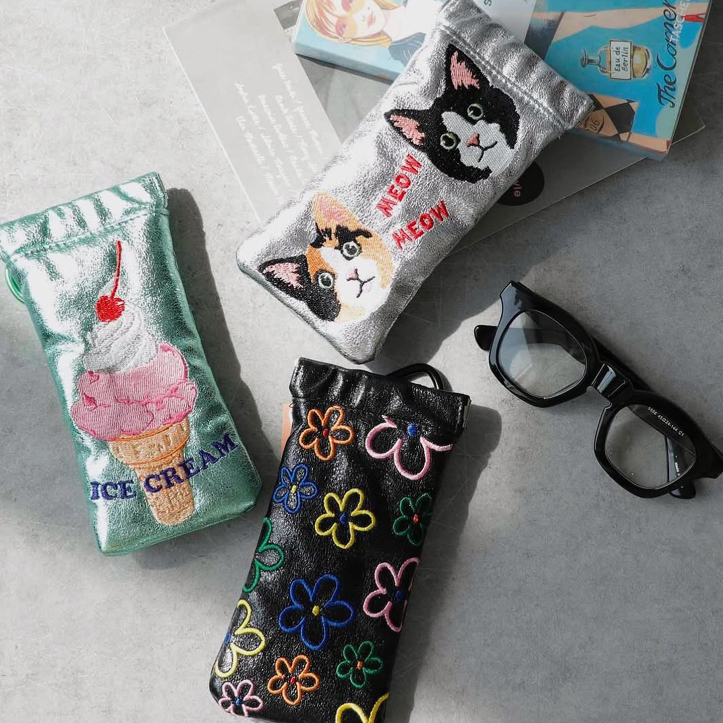 casselini小众刺绣猫猫冰淇淋刺绣小花首饰收纳包眼镜墨镜收纳袋,箱包皮具/热销女包/男包,包袋配件,淘宝优惠券,粉丝福利购,淘宝优惠卷