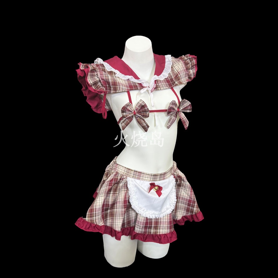 性感圣诞格子蝴蝶结荷叶边套装