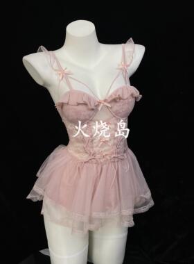 火烧岛 性感透视网纱蕾丝甜美蓬蓬吊带裙套装