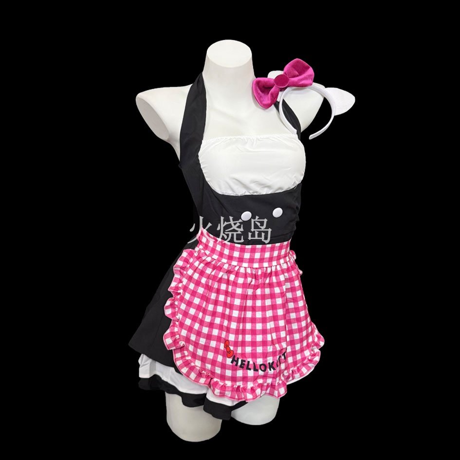 火烧岛 正版 可爱kitty猫女仆制服挂脖修身格子围裙