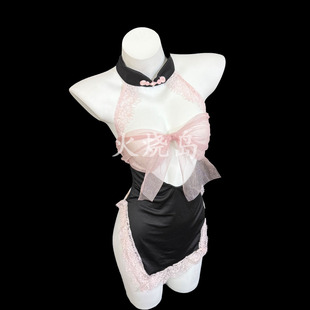 火烧岛 性感嫩粉网纱挂脖旗袍包臀裙