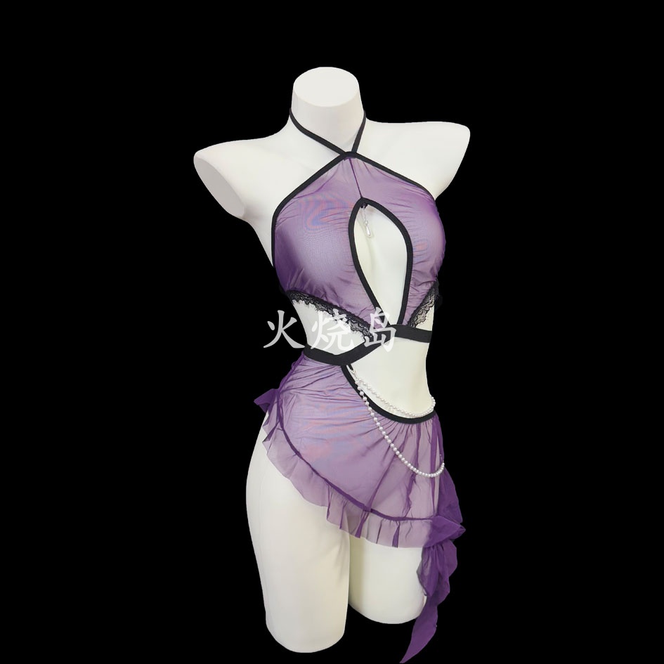 性感挂脖镂空网纱露背透视套装