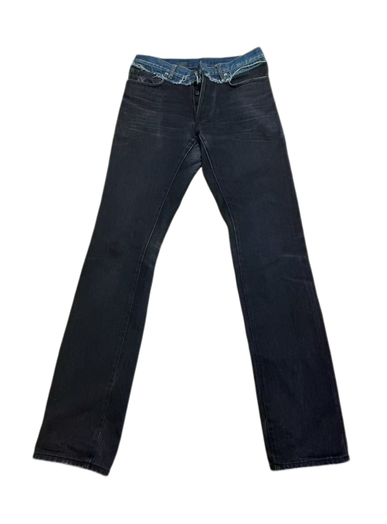thumbnail for DH AW06 Cummerbund Jeans Blue-Black Patchwork Straight-Leg Jeans
