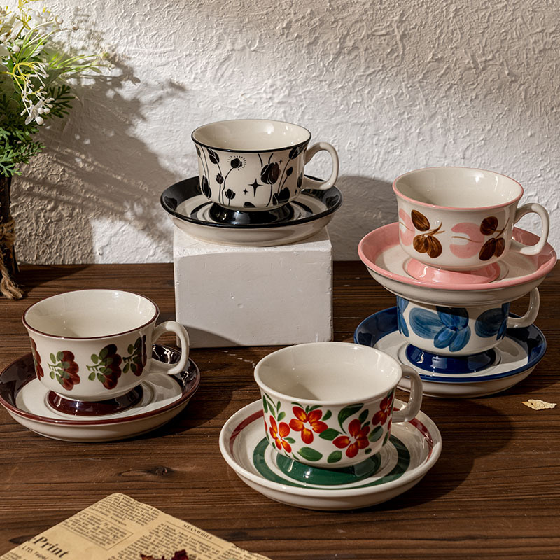 手彩中古咖啡杯碟套装高颜值陶瓷杯碟茶杯复古高级感杯子