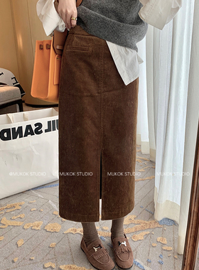 高甜lady~灯芯绒中长款半身裙女气质显瘦开叉包臀裙子