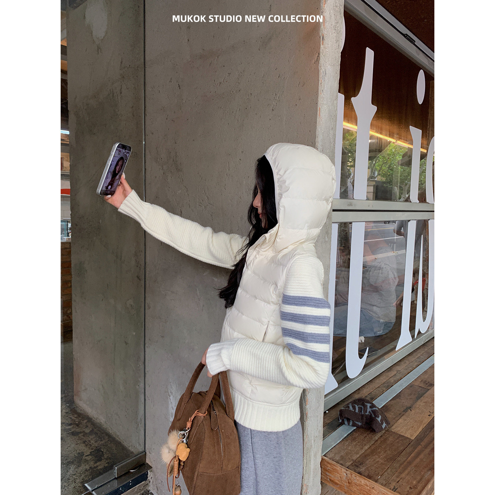 YSLS  新式冬日型格国标白鸭绒显瘦排骨连帽针织拼接羽绒服外套