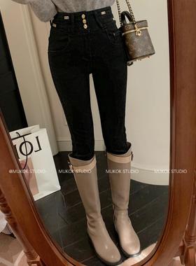 2025秋冬新款简约时尚加绒小脚牛仔裤女高腰显瘦紧身牛仔裤