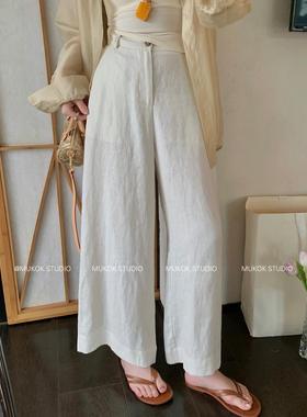 棉麻调~ 纯亚麻九分休闲裤高腰宽松显瘦小个子阔腿裤薄款