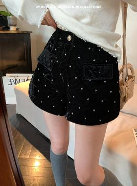 贵气千金~ 冬季新款黑色刺绣短裤夹棉加厚百搭丝绒裤