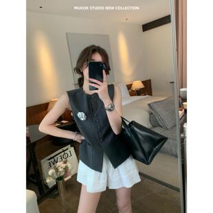 高级感老钱风花灰定制包扣无袖马甲高腰全棉短裤时尚套装