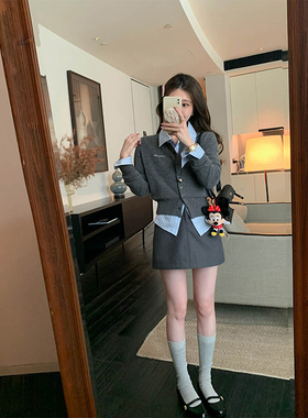 miu系~100%绵羊毛灰色针织开衫女上衣短款毛衣2025春季新款