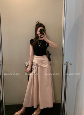 氧气半身裙~设计感小众高腰粉色半身裙纯色大裙摆棉感中长裙