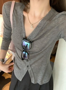 里昂的灰~  莱赛尔薄款长袖针织开衫V领显瘦舒适百搭上衣