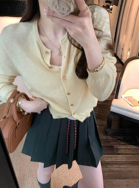 miu系100%绵羊毛黄色针织开衫女上衣防晒空调衫2025春季新款