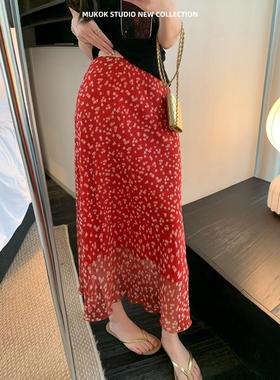 法式气质斜裁红色碎花浪漫碎花半身裙小个子中长款一步裙