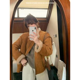 独特绝美厚外套女过冬仿麂皮绒皮毛一体女美拉德复古加厚机车服