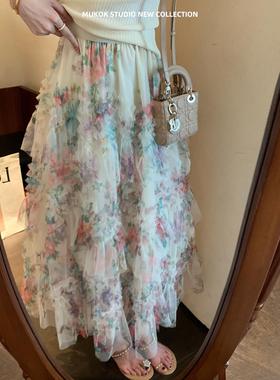 安妮画廊~夏季新款多巴胺印花网纱半身裙长款蛋糕裙