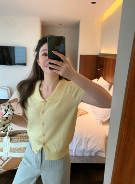 菠萝莫吉托~娃娃领甜美减龄黄色针织衫羊毛短袖开衫外套上衣