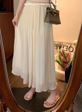 鎏光华尔兹~ 设计感高腰显瘦压褶半身裙白色中长裙