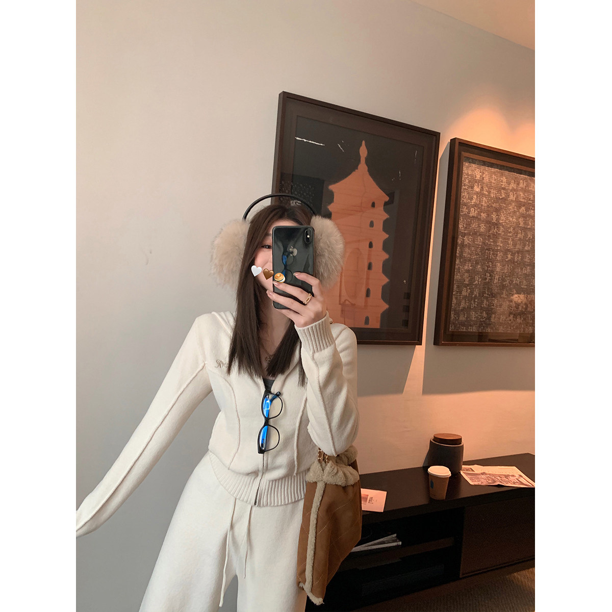 月初暮云~2026新款米白色针织套装女卫衣连帽衫休闲阔腿裤春