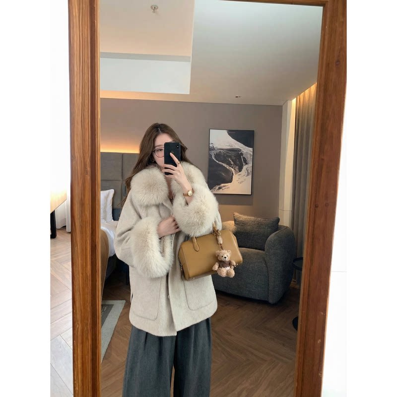 狐狸毛毛领领+袖口千金连帽斗篷双面毛呢女小个子宽松大衣