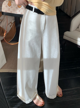 松弛艺术家~ 全棉白色阔腿休闲裤高腰垂感百搭直筒裤女长裤