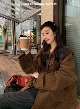 复古羊驼毛绵羊毛大廓型牛角扣双面呢宽松显瘦小个子外套