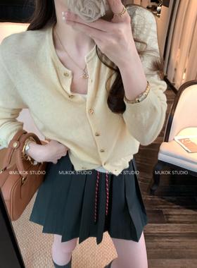 ~100%绵羊毛黄色针织开衫女上衣薄款防晒空调衫2025春季新款