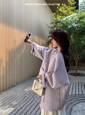 拼皮桑蚕丝羊毛气质圆领双面呢廓形大衣宽松显瘦外套女