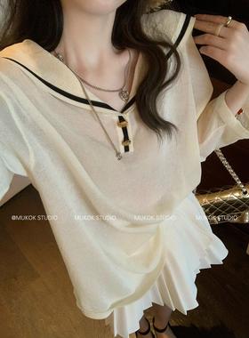 在春日散步~设计感海军领薄款针织上衣套装春季百褶裙两件套