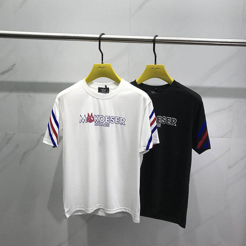 夏季新款字母印花拼色条纹圆领薄款短袖男士青年韩版宽松T恤半袖