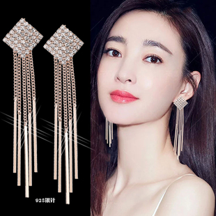 韩国水晶耳钉女超闪长款钻石锆石耳环S925纯银针耳饰简约夜店礼物