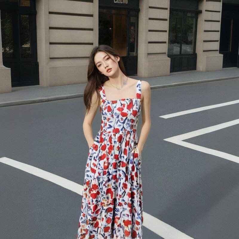 法式复古油画印花高级感初恋茶歇背心裙女装立体全棉吊带连衣裙