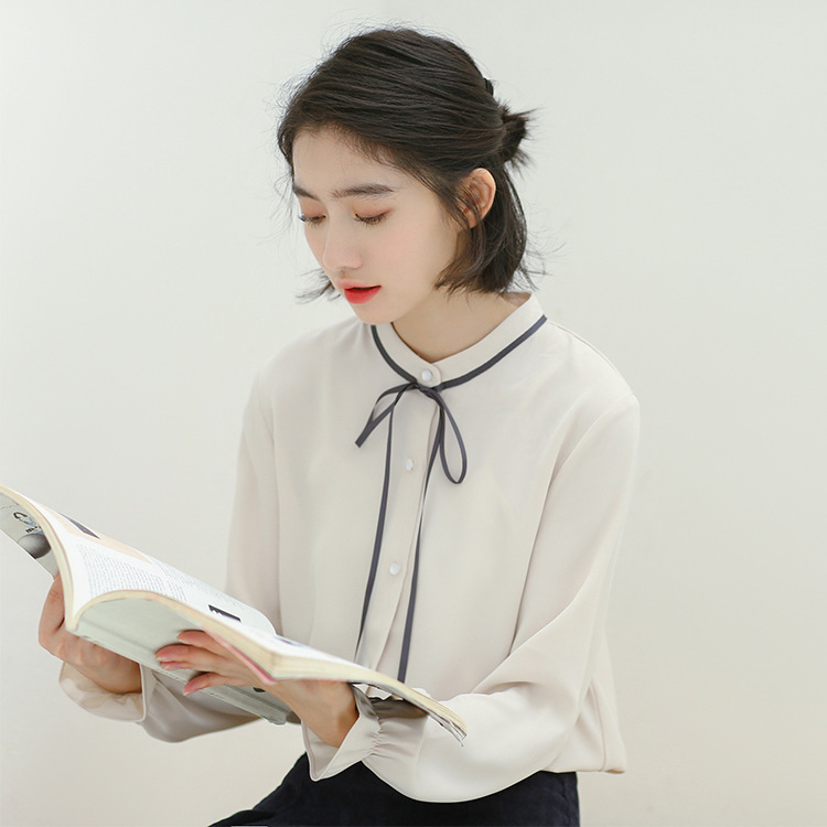 2025年春季长袖衬衫女复古风宫廷感丝带蝴蝶结系带领百搭纯色上衣