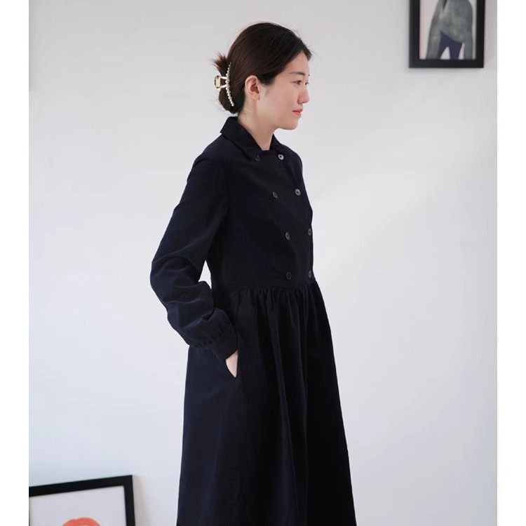 2025春秋女灯芯绒全棉蓝色简约长袖茶歇裙宽松a型纯色长连衣裙