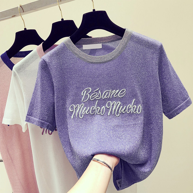 2019夏裝新款韓版亮絲針織衫刺繡T恤女短袖體恤薄款冰絲上衣打底在類目 女裝/女士精品, T恤中 - 來自Buy2taobao.com提供專業的淘寶代購服務