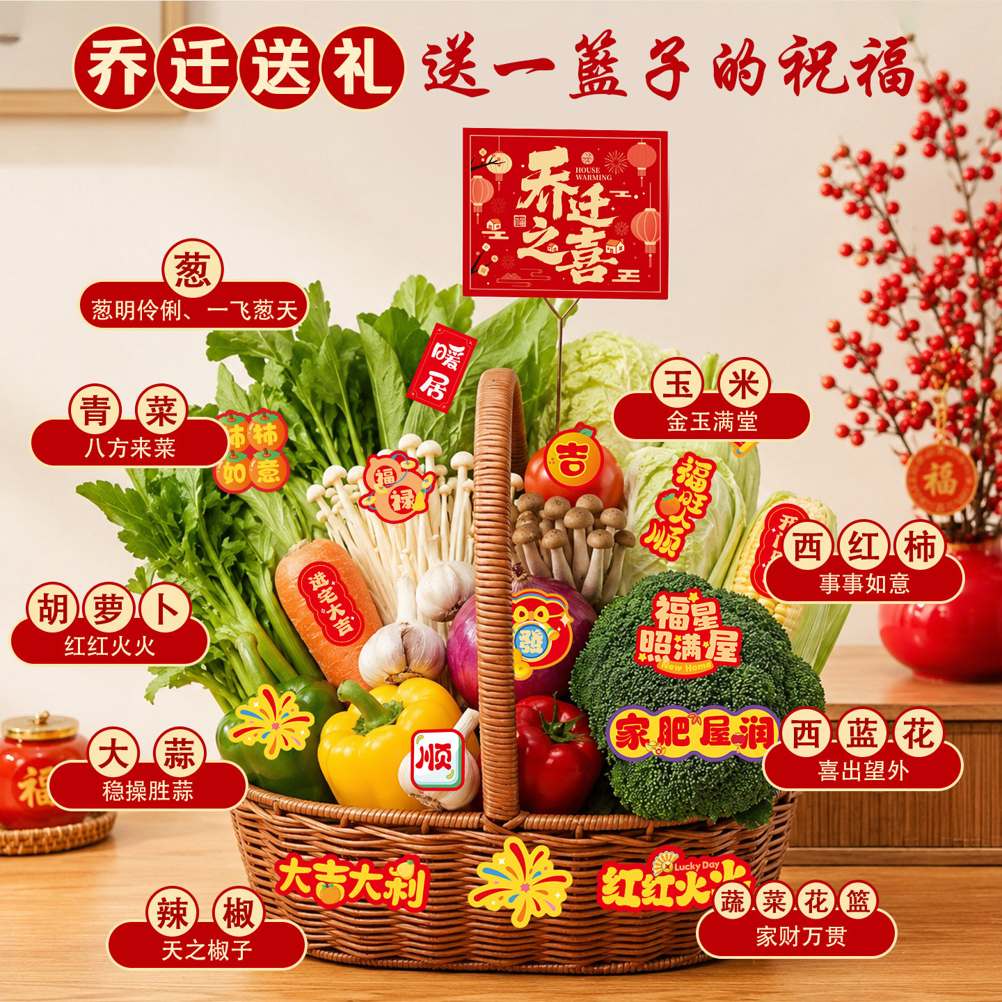 乔迁之喜装饰新居蔬菜创意贴纸花篮摆件搬家入宅仪式用品全套礼物