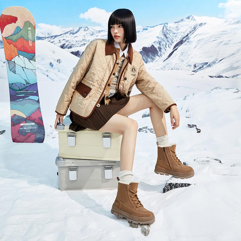 康奈女鞋冬新款厚底加绒棉鞋工装户外登山鞋马丁靴东北雪地靴