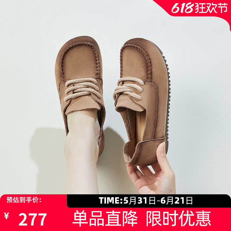 康奈真皮休闲女鞋秋季森女系时尚百搭小皮鞋深口系带单鞋