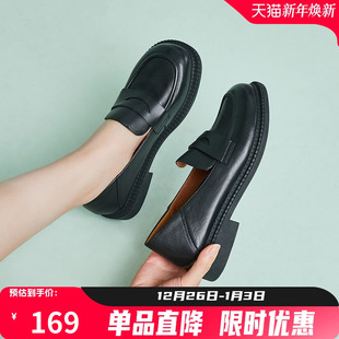 头层牛皮圆头耐磨套脚方跟小皮鞋 秋季 女 休闲百搭单鞋 康奈女鞋