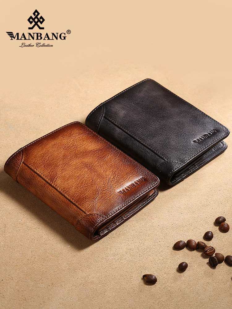 曼邦男士钱包男真皮防盗刷爸爸款超薄复古头层牛皮短款男式钱夹