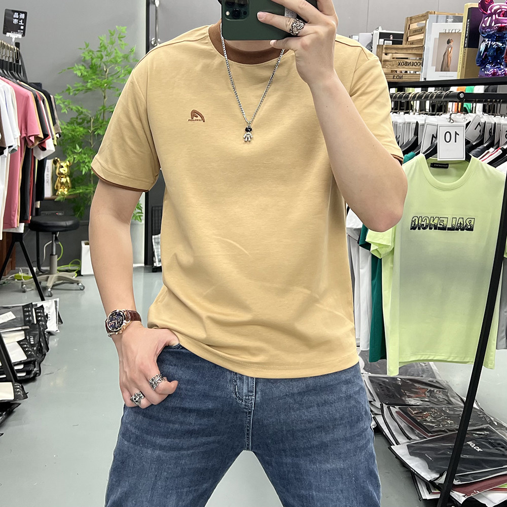 夏季新款高品质刺绣短袖T恤男装拼色潮流百搭圆领半袖打底衫上衣T
