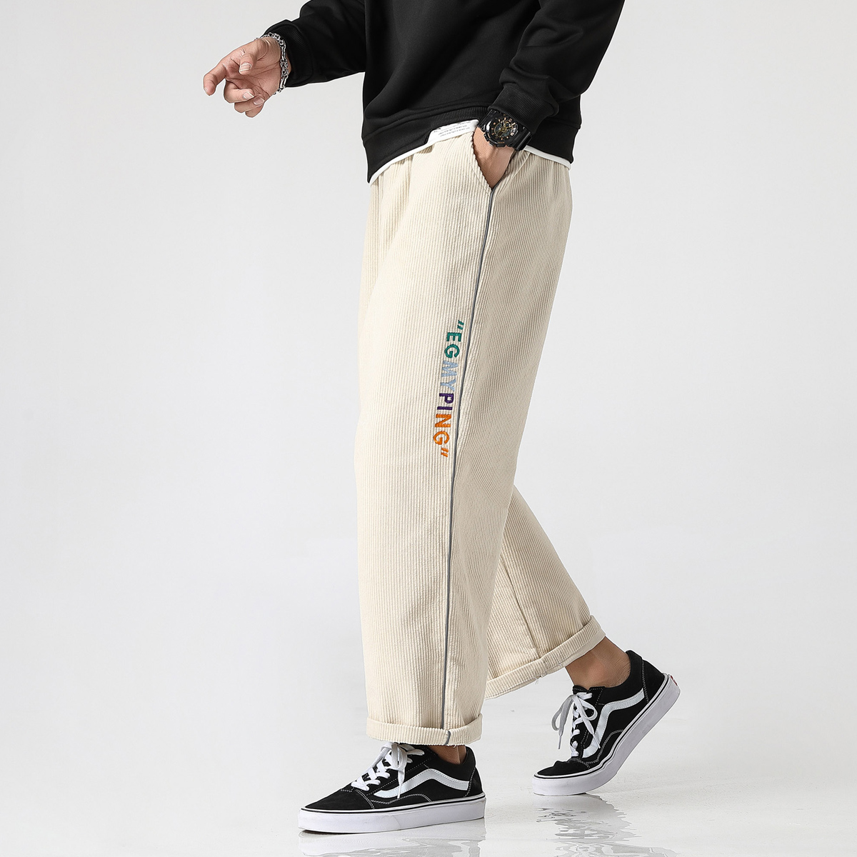 Spring new straight men's casual pants overalls large cotton corduroy Capris