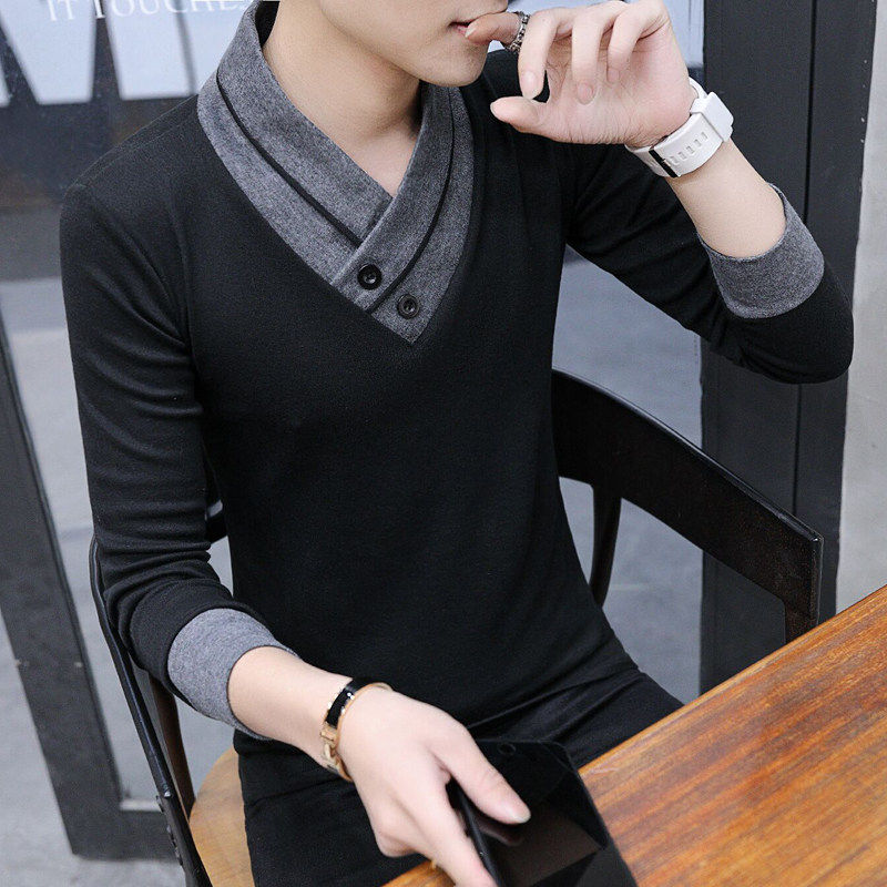 Summer long sleeve fashion slim fit men's casual solid color V-neck T-shirt solid color casual T-shirt