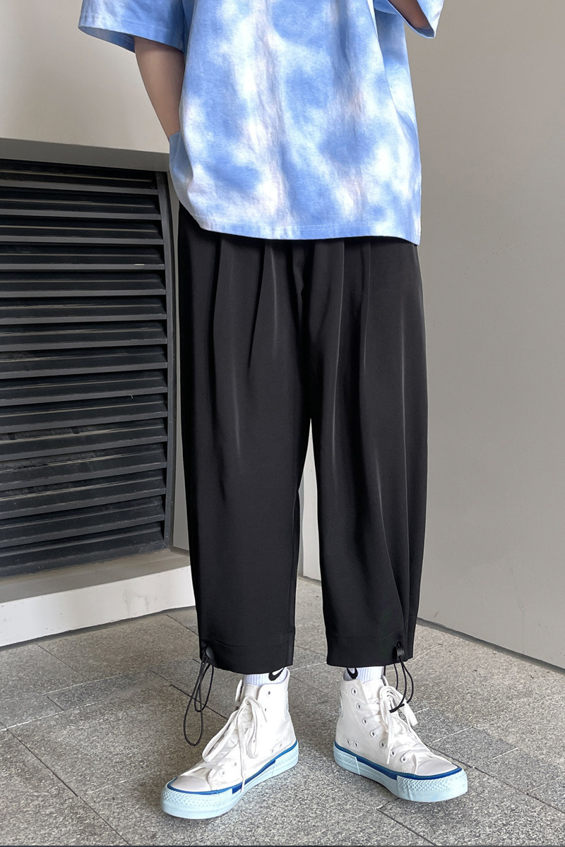 夏季休闲宽松冰丝垂感阔裤腿坠感抽绳裤脚直筒八分裤西裤9832-P50,男装休闲裤,电商C305A