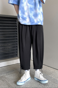 夏季休闲宽松冰丝垂感阔裤腿坠感抽绳裤脚直筒八分裤西裤9832-P50图片