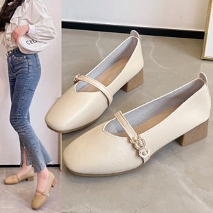 气质单鞋 淑女百搭中跟豆豆鞋 女2025春夏季 女鞋 小 新款 软底法式