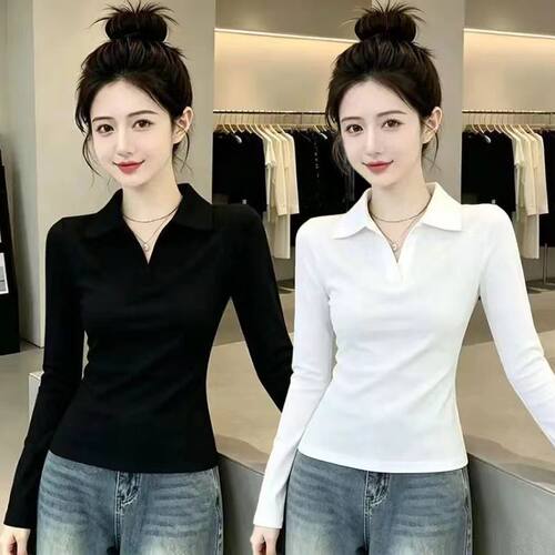 长袖T恤女2026春秋季韩版新款修身显瘦打底衫百搭短款polo领上衣