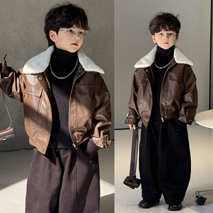 男宝宝套装潮帅气时髦韩范痞帅复古港风儿童服装男孩皮衣男童冬装