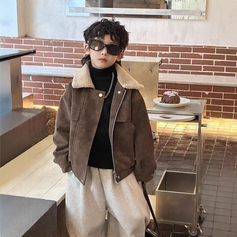 男童毛领夹克儿童外套冬季加绒加厚潮帅气时髦鹿皮绒韩范痞帅冬装